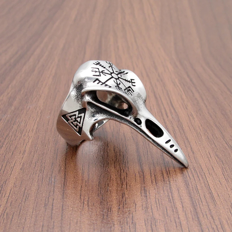Punk 316L Stainless Steel Men‘s Viking Norse Mythology Odin Crow Raven Ring Nordic Amulet Compass Jewelry Gifts