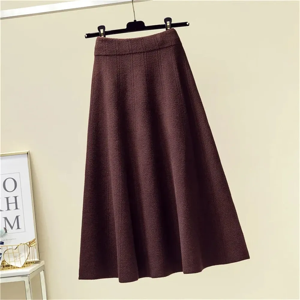 Vintage Brown Knitted Long Skirt 2021 Autumn Winter Women Casual Solid A Line Skirt Korean Female Black High Waist Midi Skirt