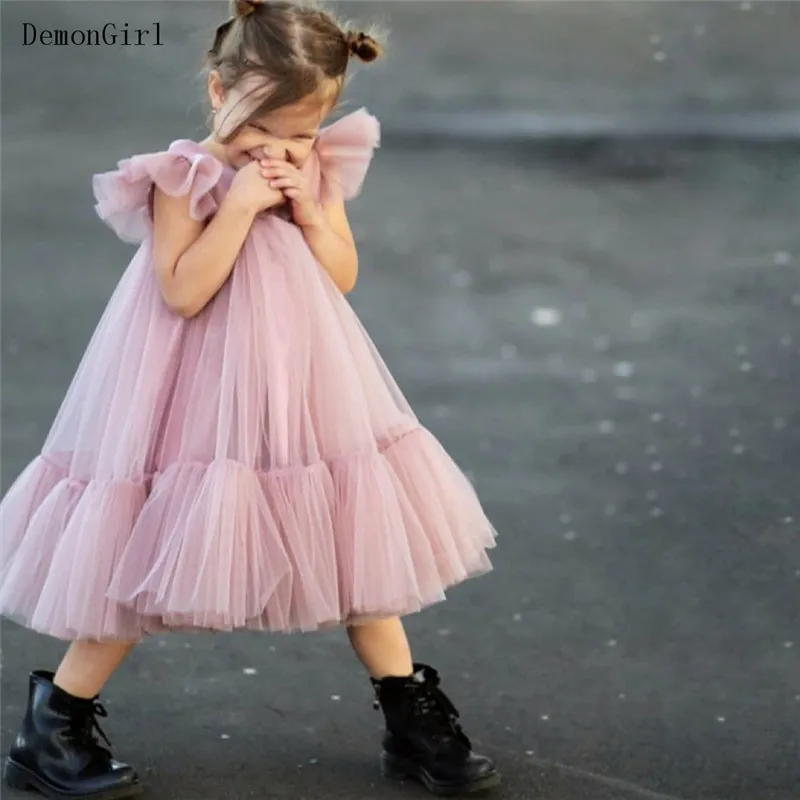 Baby Girls Dresses Tutu O Neck Tea Length Satin Tulle Flower Girl Dress Kids Christening Gown