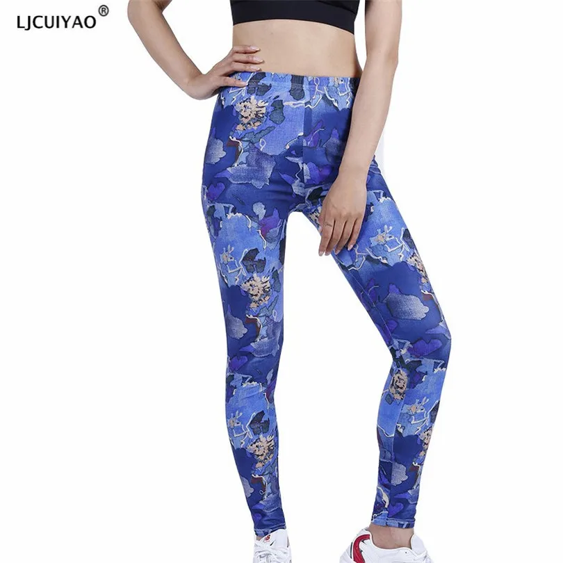 LJCUIYAO New Pants Women Leggings Fitness Soft Tights High Waist Dream Blue Flower Printing Pattern Sports Ankle-Length Clothes