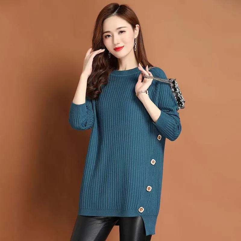 

Women Pullover Fashion Knitted Loose Sweater Vintage Round Neck Long Sleeve Button Solid Autumn Winter Outerwear Chic Tops Lady