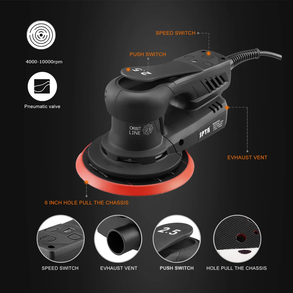 SPTA 350W 6 Inch Electric Random Orbital Sander Machine Multi-Function Variable Speed Grinding Portable Polishing Tool