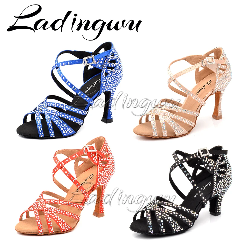 Ladingwu Dance Shoes Satin Women Party Shining Rhinestones Soft Bottom Latin Dance Shoes Woman Salsa Dance Shoes Heel 6CM-10CM