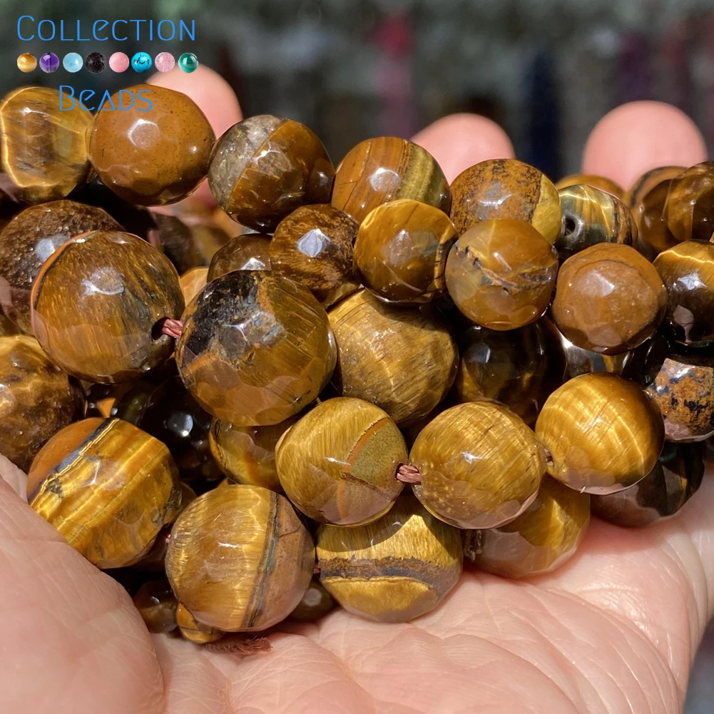 Natural Faceted Yellow Tiger Eye Stone Loose Round Beads For Jewelry Making 4-12 MM DIY Bracelets Accessories Wholesale