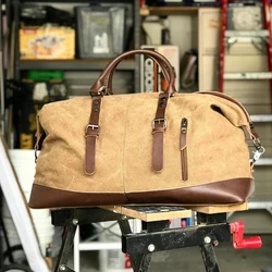 Men's vintage retro canvas trim large capacity weekender holdall duffle duffel travel overnight bag