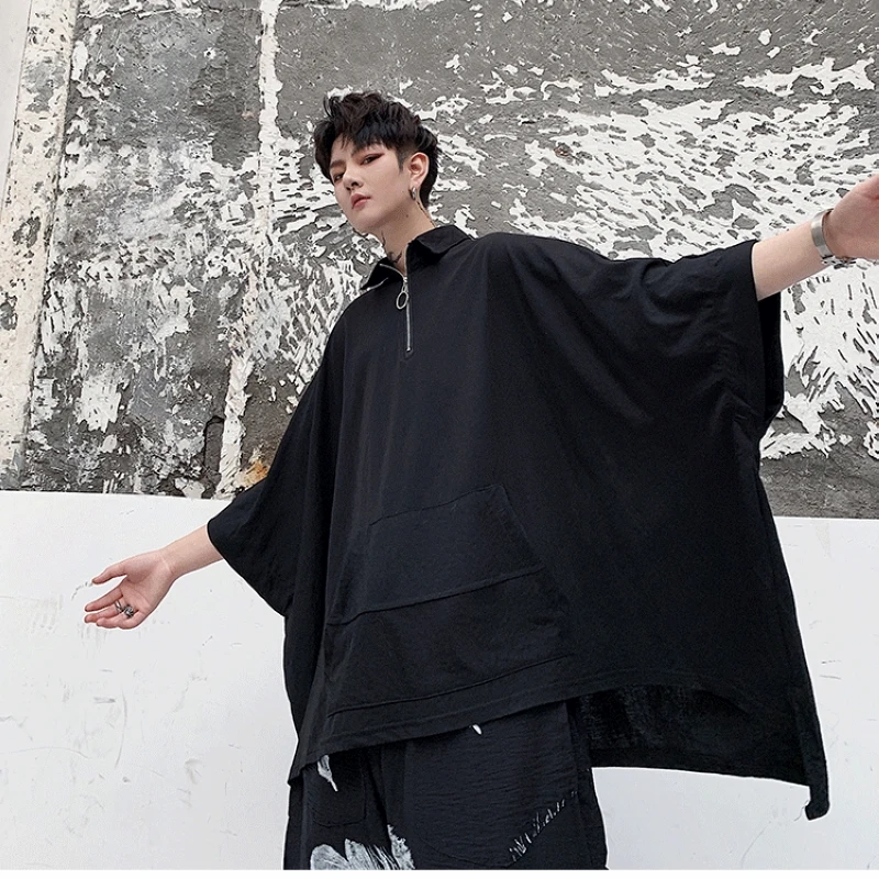 Summer dark Korean men's oversize bat sleeve T-shirt hairstylist youth short sleeve T-shirt fashion