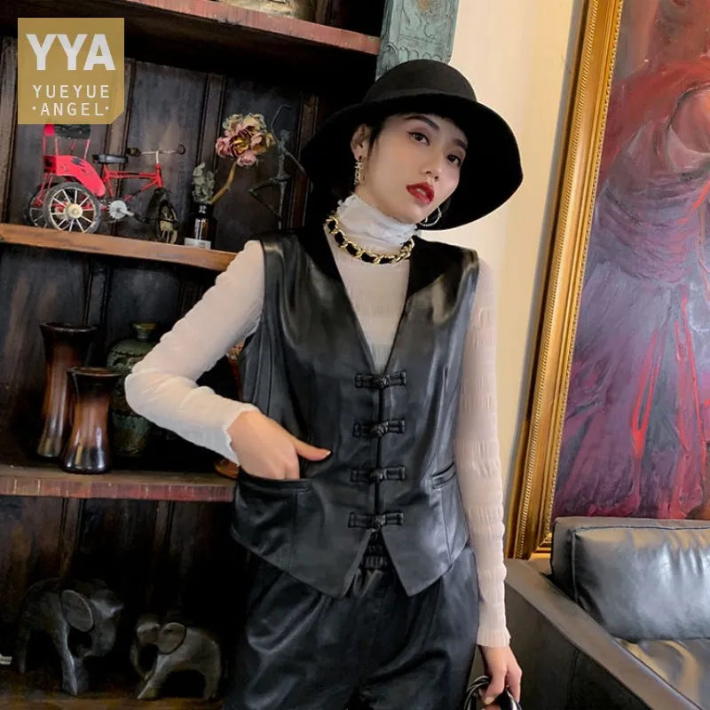 Office Ladies Vintage Genuine Leather Vest Autumn Women V-Neck Single Breasted Sleeveless Tank Jacket Sheepskin Waistcoat