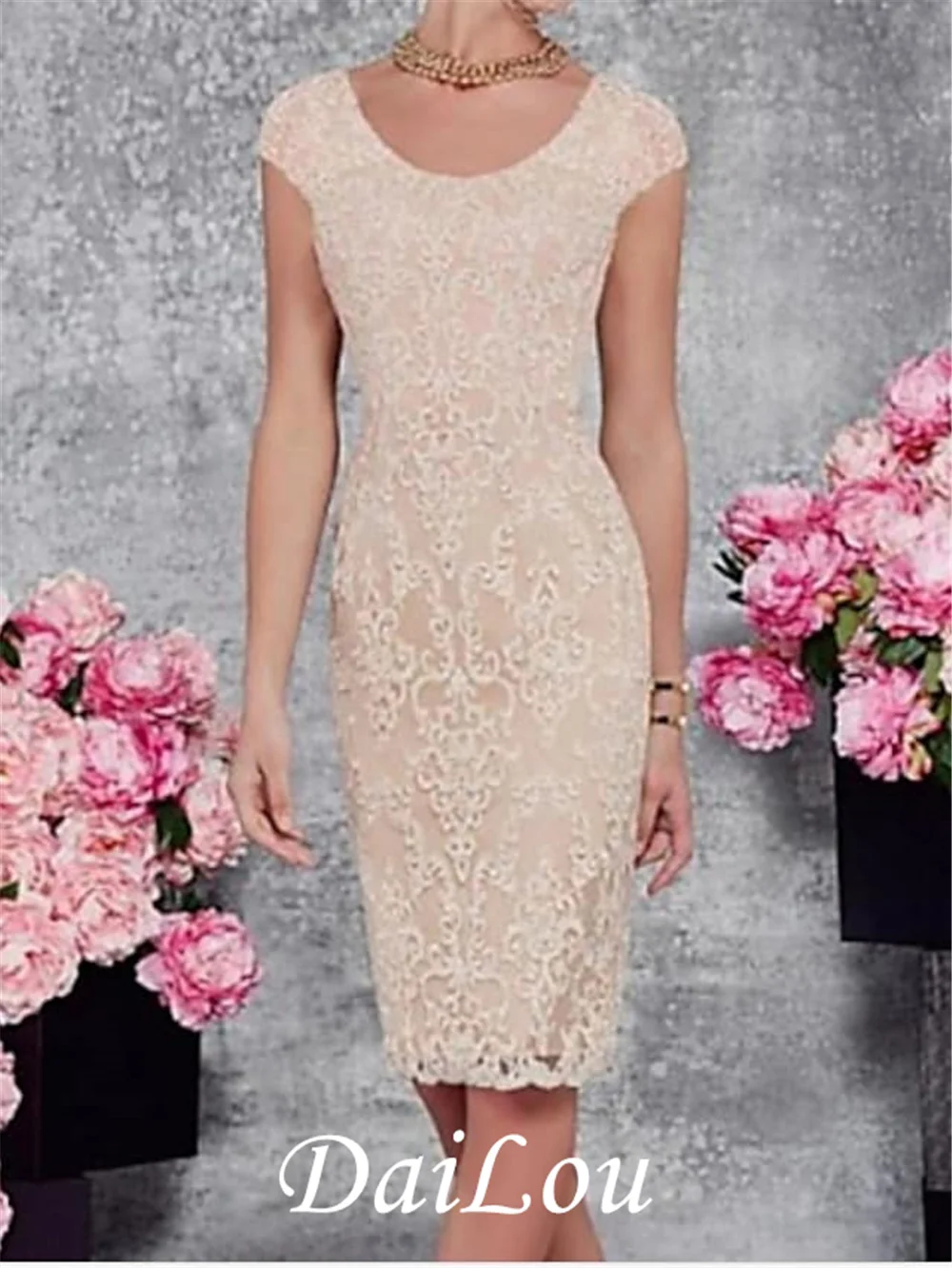 Tweedelige A-lijn Moeder Van De Bruid Jurk Wrap Inbegrepen Jewel Hals Knie Lengte Lace Half Sleeve Met Applicaties 2021