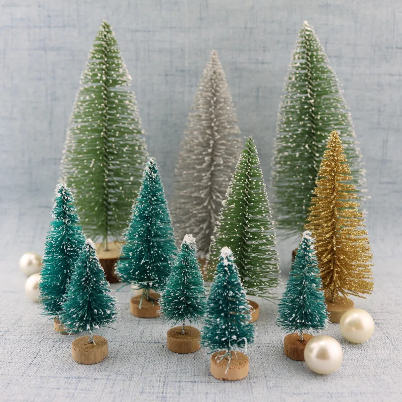 

10pcs /lot Christmas Decorative Small Christmas Tree Ornaments Sisal Silk on Snow Tower Pine Blue Green Gold Silver Red Mini