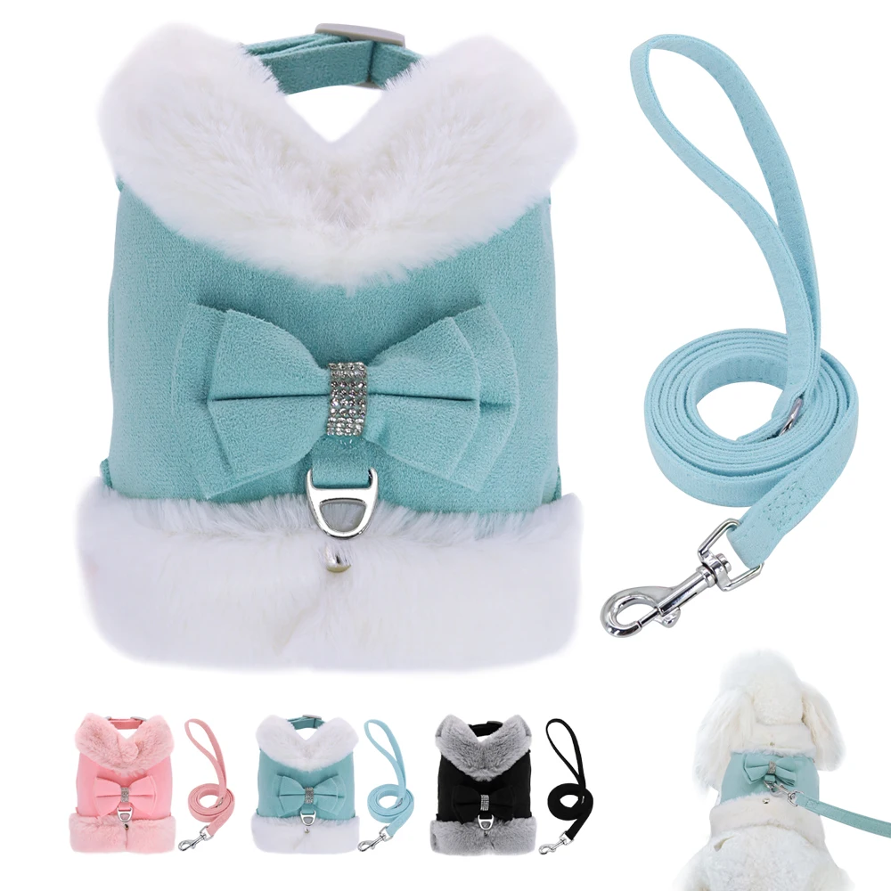 Bowknot Small Dog Cat Harness Leash Set Warm Soft Fur Harness Vest Breathable Puppy Pet Harness Lead For Small Dog Yorkshire Pug