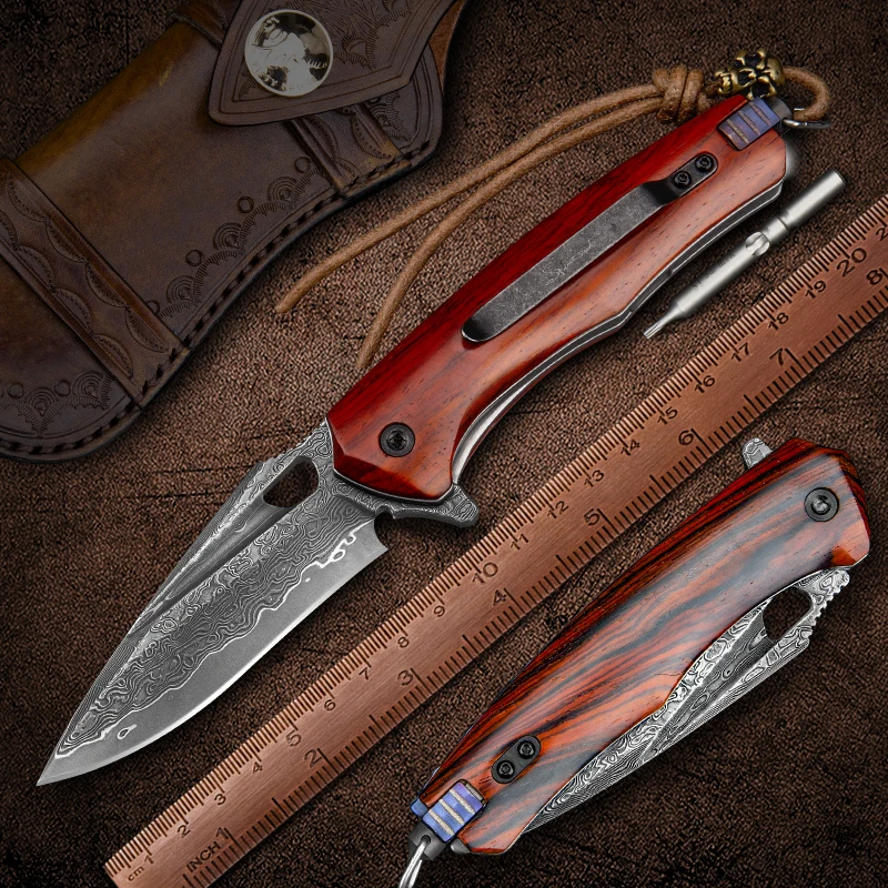 Damascus Multi Function Folding Knife with Pocket Clip and Leather Sheath Rosewood Handle,Emergency Hammer,DIY Self-assembling