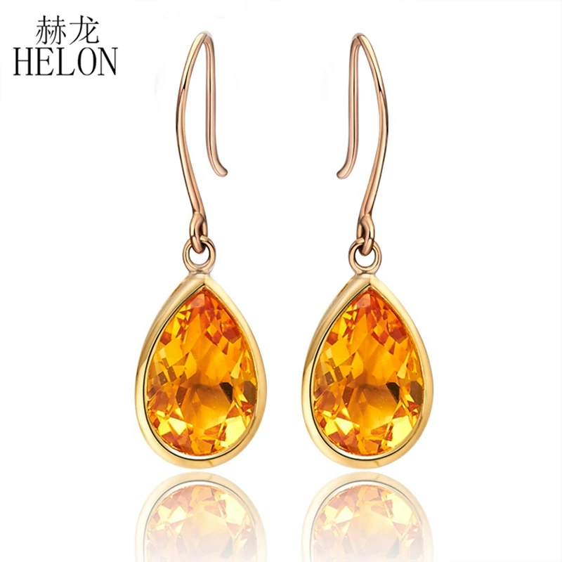 HELON Solid 14K Yellow Gold Flawless Pear Cut 10x7mm Natural Citrine Drop Earrings Trendy Fine Jewelry Women Earrings