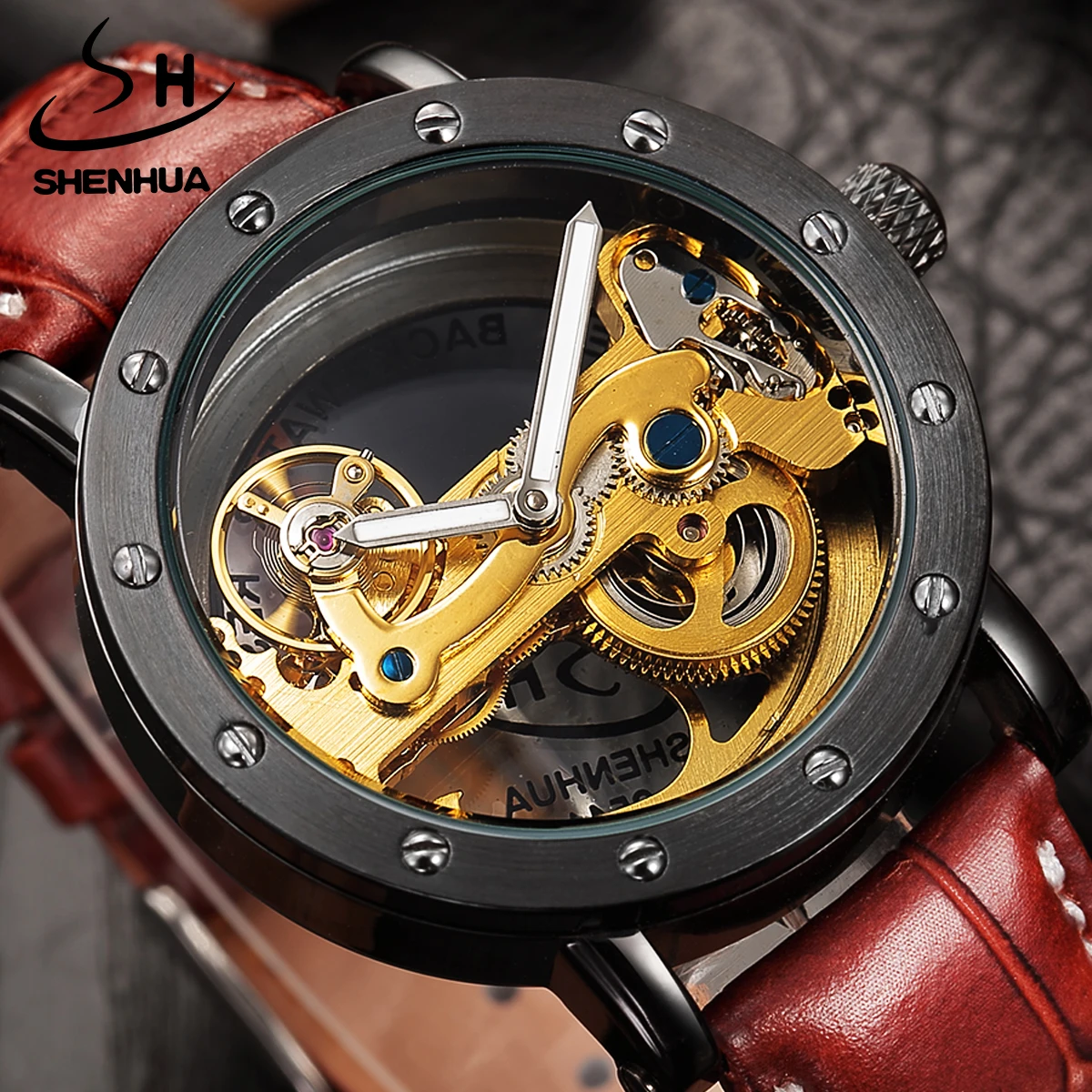 

SHENHUA Top Royal Luxury Automatic Mechanical Men Watch Classic Transparent Leather Strap Golden Bridge Skeleton Dial Wristwatch