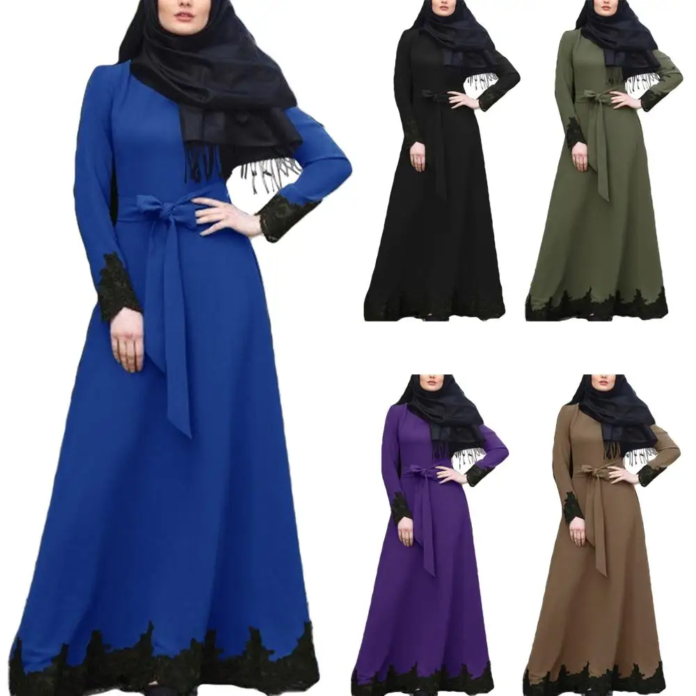 Long Sleeve Muslim Women Long Maxi Dress Abaya Kaftan Robe Robe Lace Patchwork Arab Islam Clothing Autumn Dress Lace Patchwork