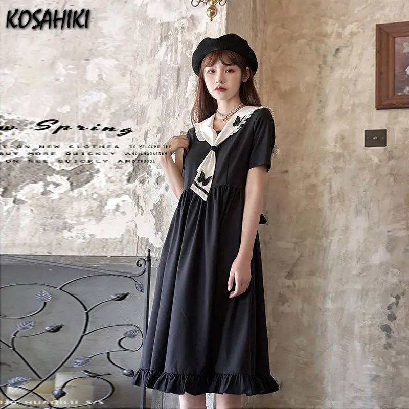 KOSAHIKI-vestido de Lolita gótico oscuro para mujer, Estilo Vintage Preppy, encaje dulce, cuello vuelto, bata suelta, Harajuku japonés