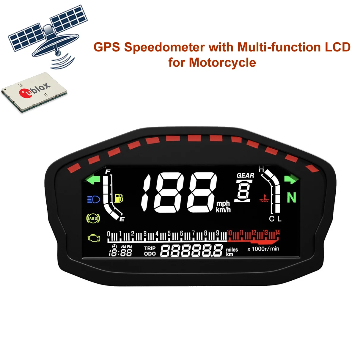 Motorcycle Parts LCD Multi-Function Display GPS Speedometer Tachometer Fuel Level Water Temp Mileage with Alarm for 12V Vehicle