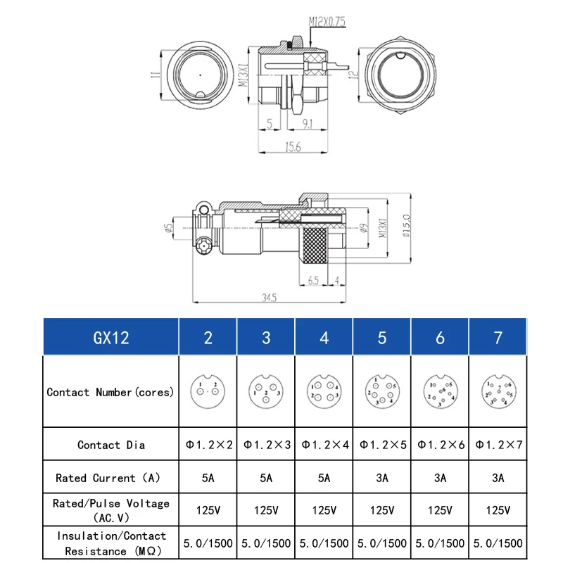 1Set GX12 Butt type Male& Female Plugs Sockets 2/3/4/5/6/7 Pin 12MM Aero Plug Socket Aerial Plugs Sockets Aviation Connector