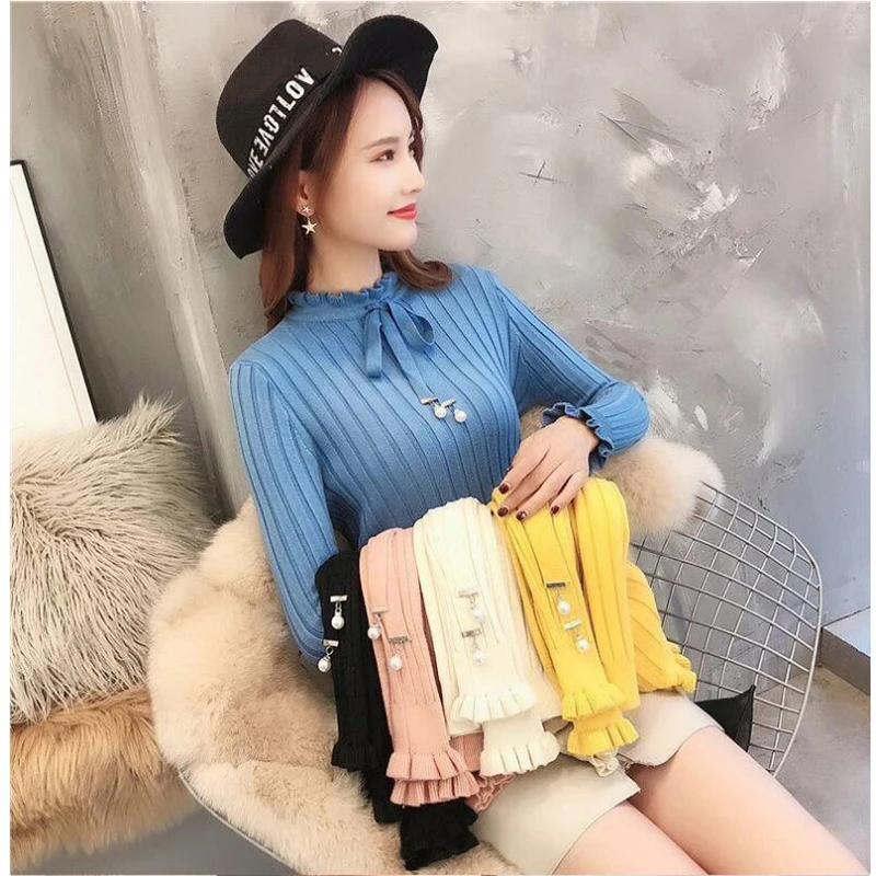 New Casual Spring Slim Sweater Winter Knitted Sweater New Lace Up Flare Long Sleeve Ruffle Knitting Pullover Women Sweaters