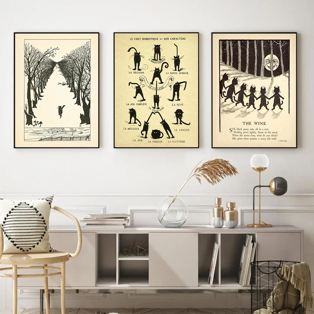 

Винтажный постер, черный кот, танец, холст, картина, абстрактная настенная живопись, принт, минимализм, картина для гостиной, на стене, домашний декор