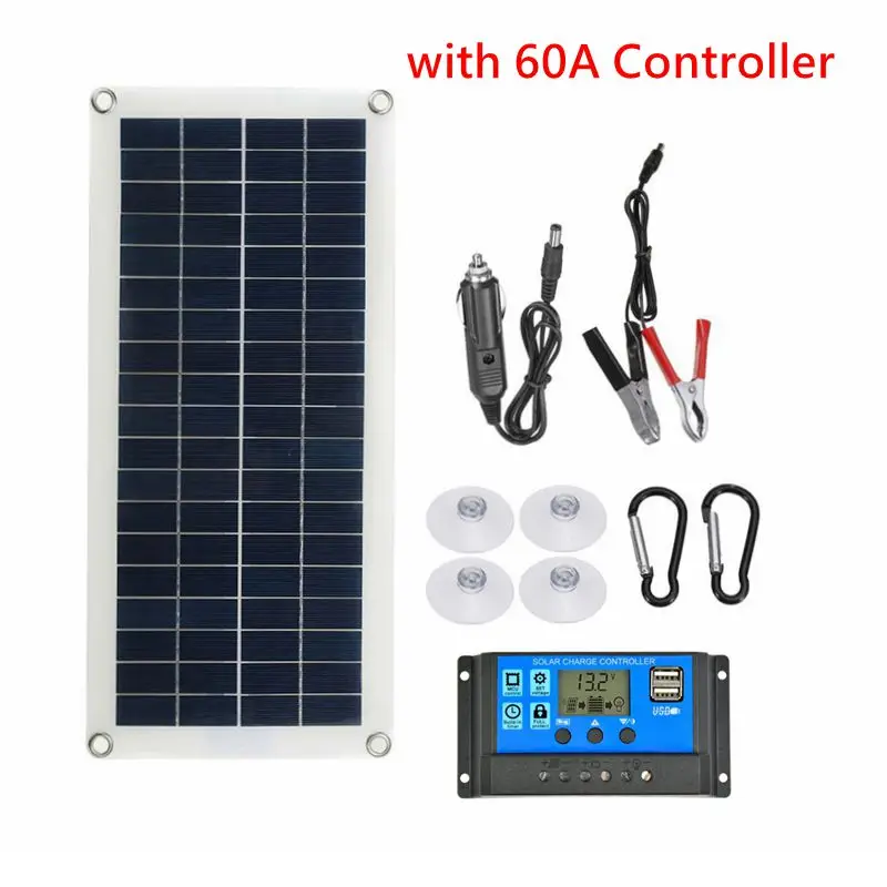 Solar Panel 60W 12V DualUSB Output Solar Cells Poly Solar Panel 10/20/30/40/50/60A Controller for Car Yacht Battery Boat Charger