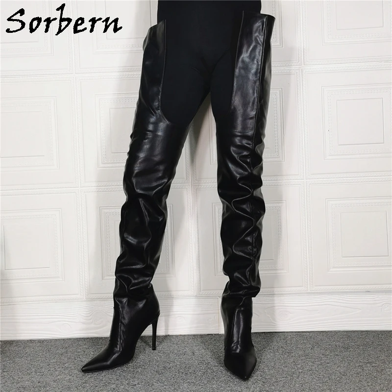 Sorbern Mid Thigh High Boots Short Inside Long Outside Hip Boots Ladies High Heel Stilettos Pointed Toe Big Booty Punk Fashion