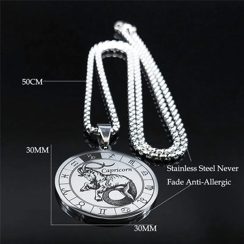 12 Constellations Capricorn Stainless Steel Round Chain Necklaces Women/Men Pendants Necklaces Jewelry zodiac necklace NXH255S03