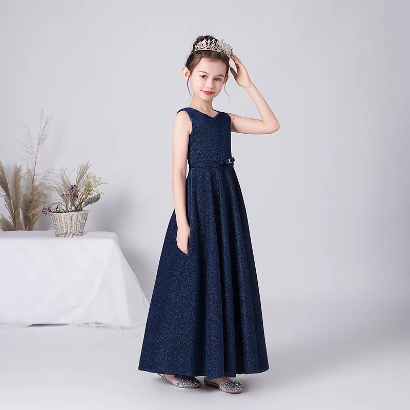 

Dideyttawl Flower Girl Dresses Junior Bridesmaid for Wedding Sparkly Girls Formal Navy Gown Party Long Dress First Communion