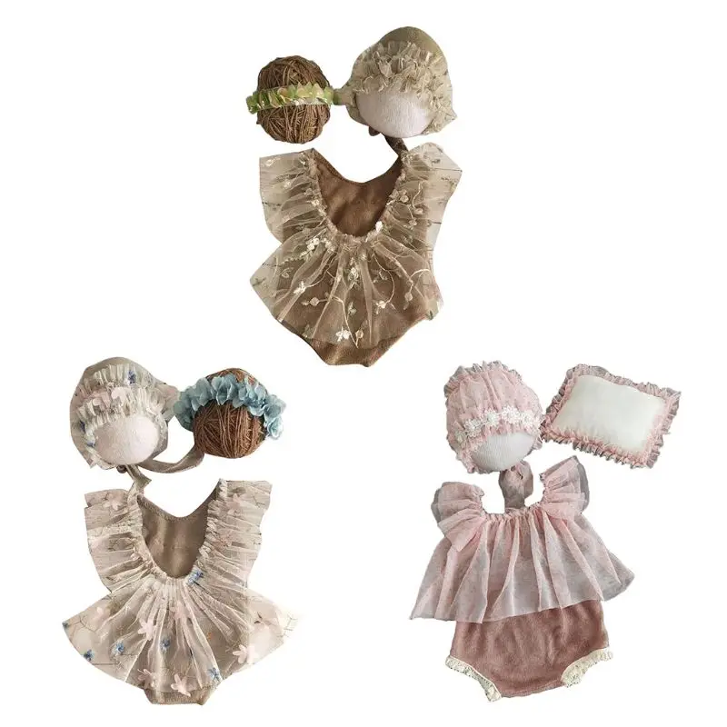 4Pcs Newborn Photography Props Suit Lace Romper Hat Pillow Headband Set Outfits P31B