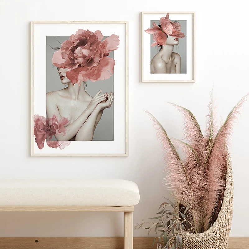 Sexy Pink Flowers Nodic posterSexy Women Beautiful Wall Art Canvas Painting For Living Room Wall Pictures Unframed
