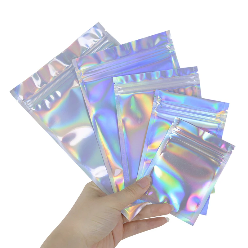 20pcs Iridescent Zip Lock Bags Pouches Cosmetic Plastic Laser Holographic Makeup Storage Bag Hologram Zipper Bags Gift Packaging