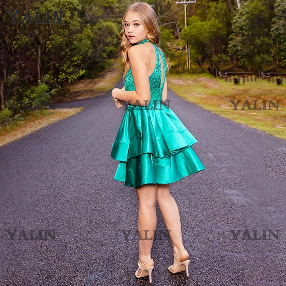 YALIN-minivestido largo De satén para fiesta, Vestido De encaje De cuello alto, sin mangas, De cóctel escalonado, Sukienki Homecoming