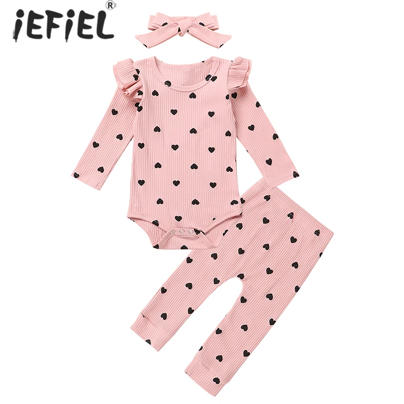 

3Pcs Cute Newborn Baby's Girls Kintted Ribbed Suit Toddler Kids Ruffle Heart Print Crew Neck Romper Bodysuit +Pants+Hairband Set