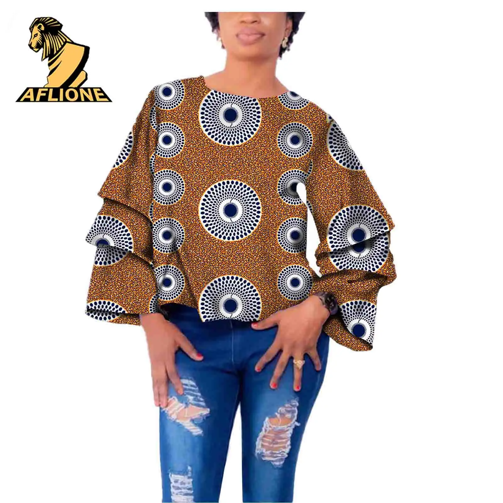 

African Wax Printed Tops for Women Ankara O-Neck Long SLeeve Cotton Shirt Bazin Riche v2122007