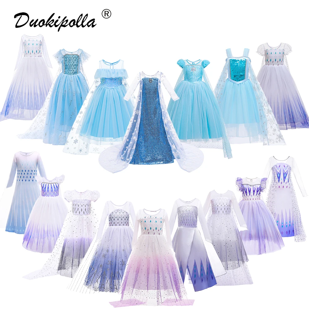 

Snow Queen 2 Girls Elsa Anna Dress Birthday Party Fancy Fairy Snowflake Dresses with long Tail Child Carnival Princess Costume