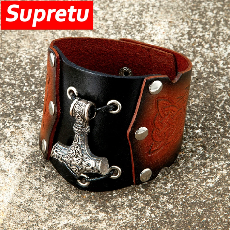 Viking Thor Hammer Genuine Leather Bracelets Men Norse Runes Mjolnir Amulet Wristband Bracer Anchor Pendant Scandinavian Jewelry