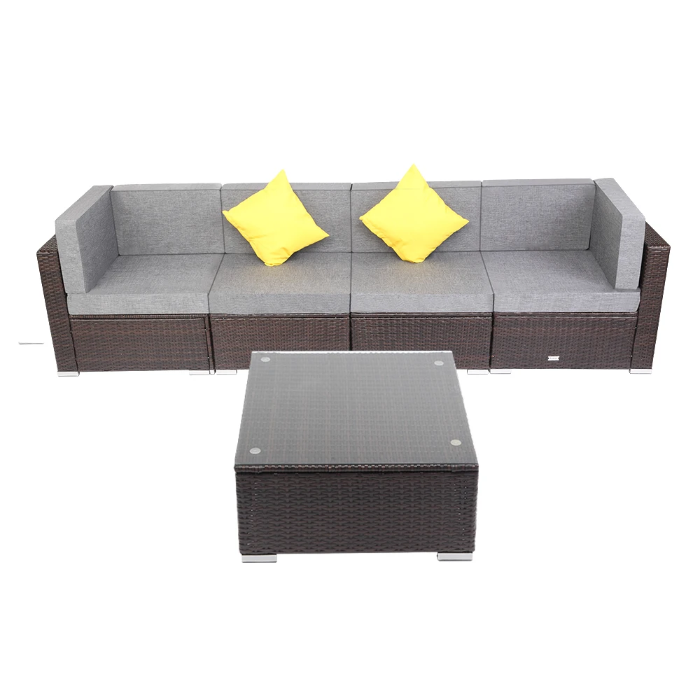 5 Pieces Patio PE Wicker Rattan Corner Sofa Set Including 2 Corners + 2 No Armrests + 1 Table