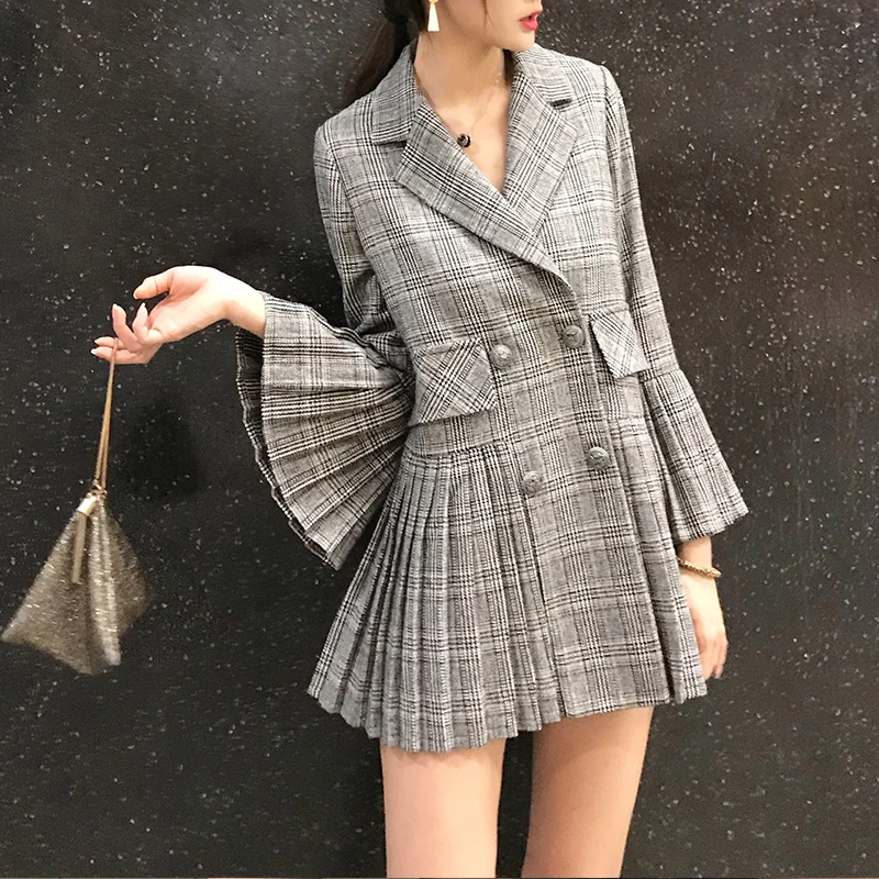 Jaqueta de escritório assimétrica Houndstooth feminina, casaco plissado feminino, xadrez elegante, manga sino, plissado, casual, Z149