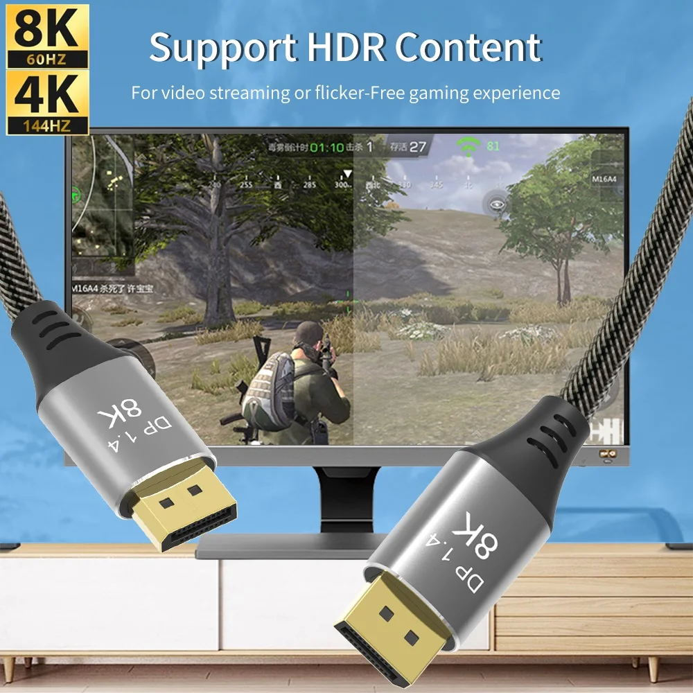 Displayport 1.4 8K Cable 0.5M-10M with Copper Cord DP 1.4 HBR3 8K@60Hz 4K@144Hz High Speed 32.4Gbps HDCP 3D Slim and Flexible