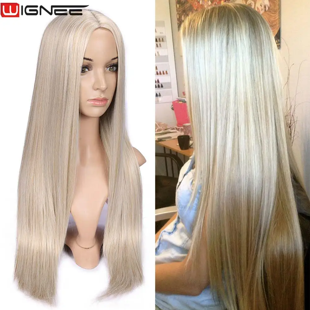 Wignee Long Straight Hair Synthetic Wig For Women  Blonde Natural Middle Part Hair Heat Resistant FiberNatural Daily Hair Wig