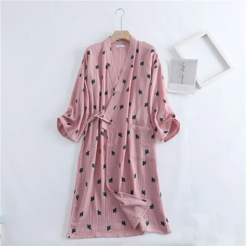 Spring Women Crepe Gauze Kimono Bathrobe Long Sleeve Cotton Robes Print Sleepwear Loose Dressing Gown Plus Size Housewear