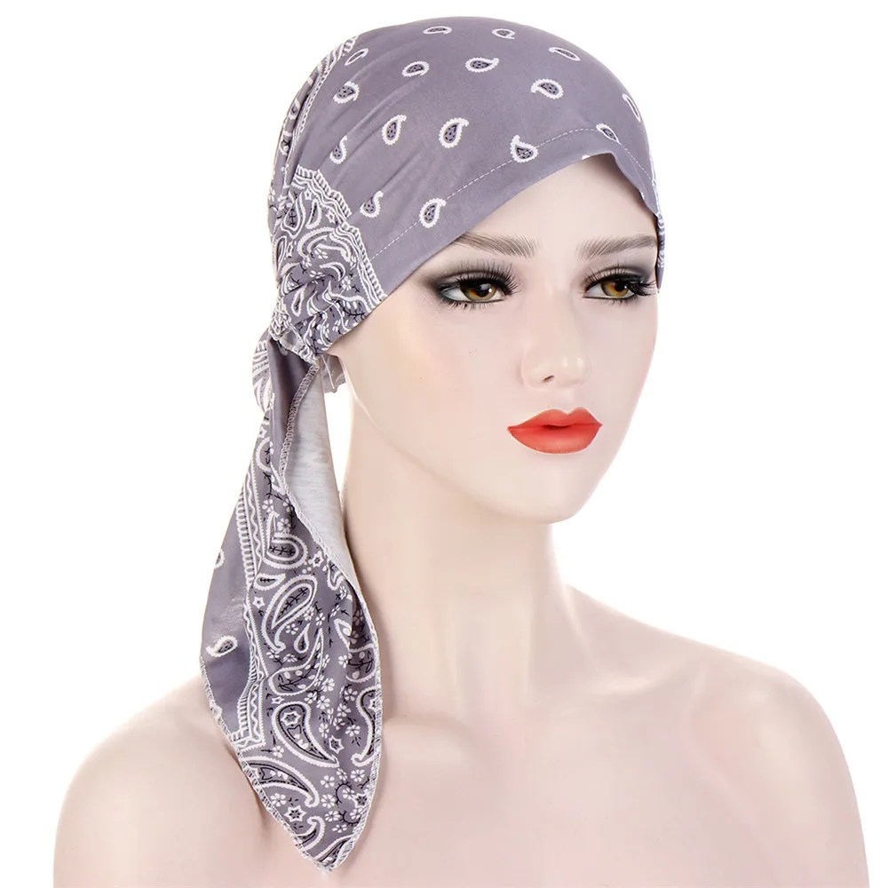 

Women Floral Print Pre-Tied Chemo Cap Stretch Hijab Turban Hat Muslim Underscarf Headscarf Headwear Bandanas Long Tail Hair Loss