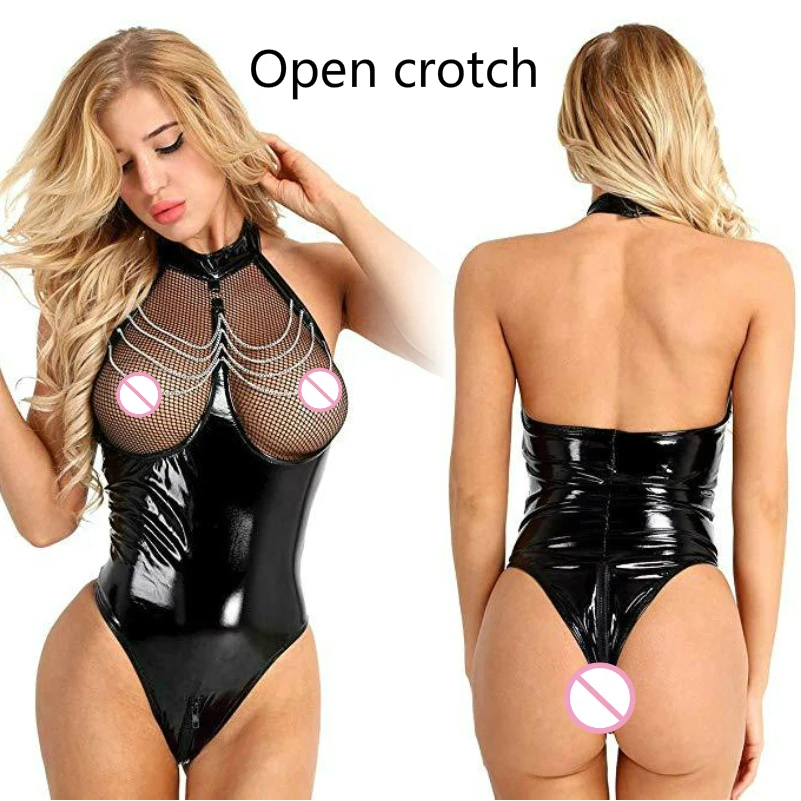 Erotic Crotchless Latex Catsuit Fishnet Clothing Open Crotch Jumpsuit Patent Leather Breast Exposing Bodysuit Sexy Lingerie