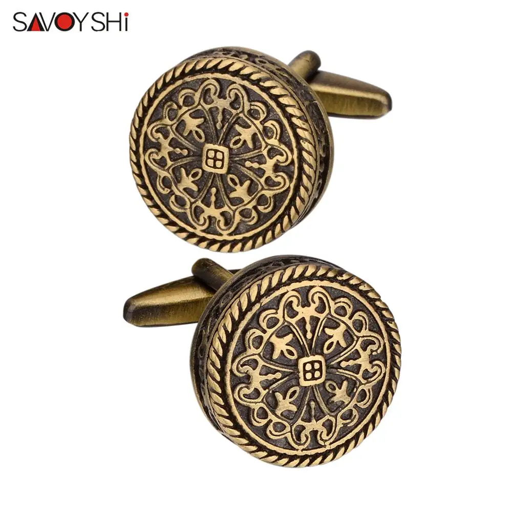 SAVOYSHI High Quality Shirt Cufflinks for Men Round Bronze Vintage Pattern Metal Cuff links Gift Free Enagraving Name