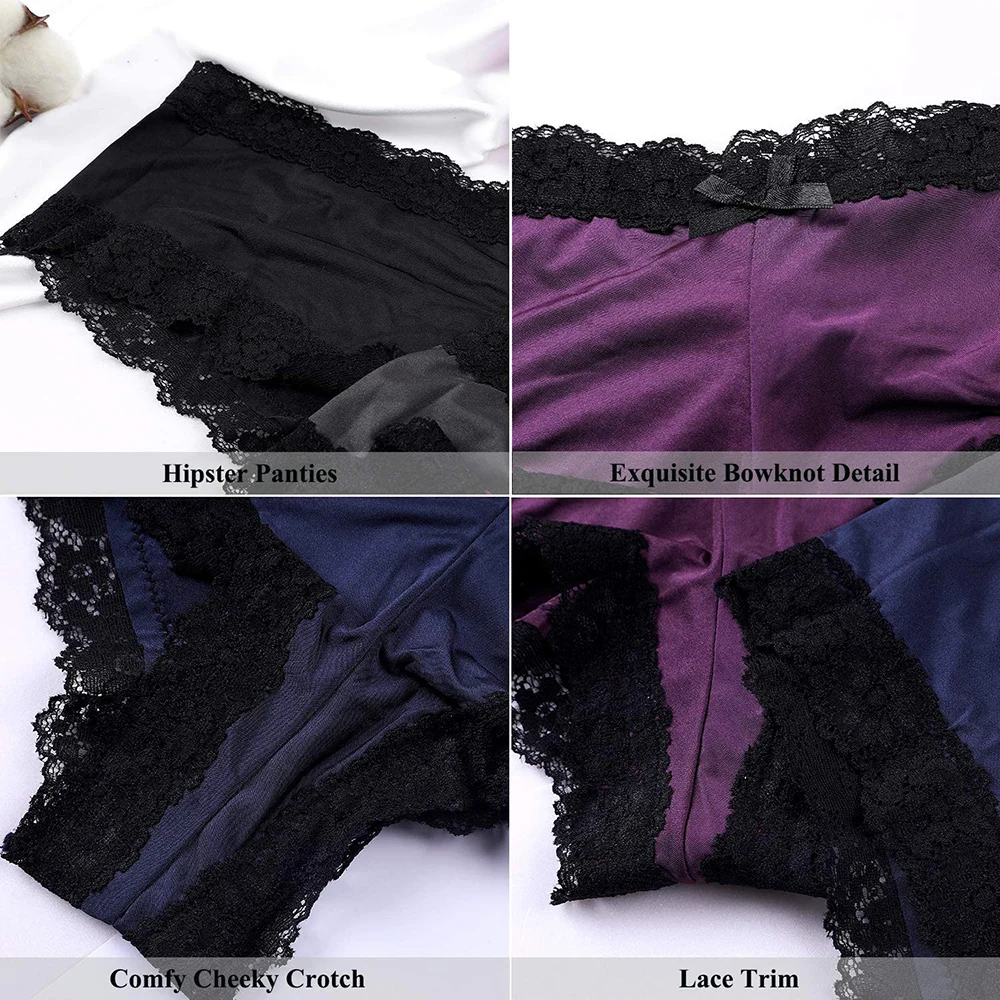 Charmleaks Women Underwear Thong Lace Cotton String Sexy Panties Tanga Briefs Lingerie Nylon Bow Tie Mid Waist Cozy 4 PCS