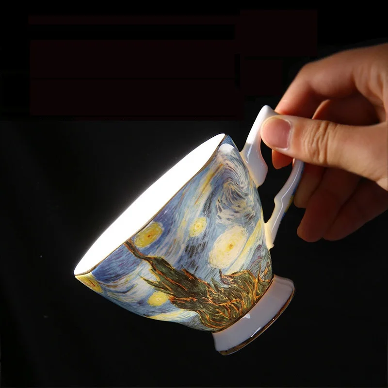 Van Gogh Painting Bone China Ceramic Coffee Cups with Spoon and Tray Coffeeware Sets Home tea cups and saucer sets