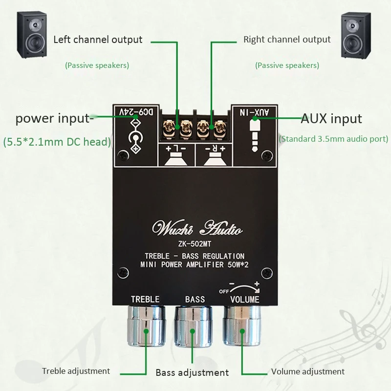 ZK-502MT Bluetooth 5.0 Subwoofer Amplifier Board 2.0 Channel High Power Audio Stereo Amplifier Board 2X50W Bass AMP