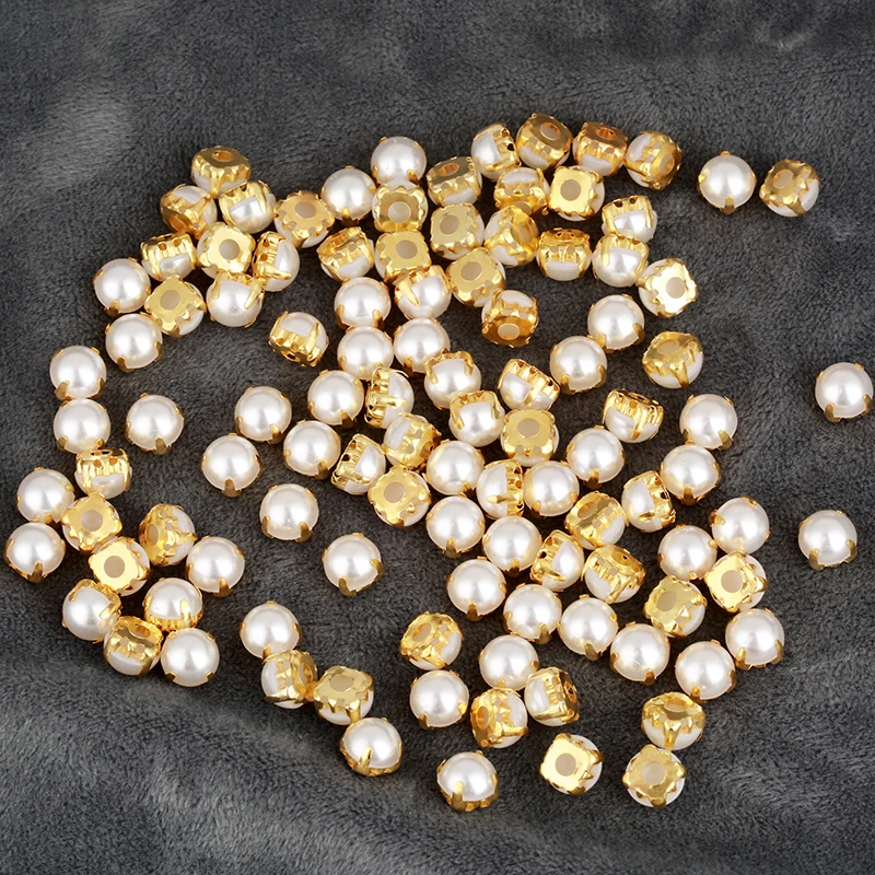 8mm Gold Round Sew On Pearl Rhinestone Flatback Sewing Ivory Pearl Rhinestone With Claw DIY For Dresses Decoration