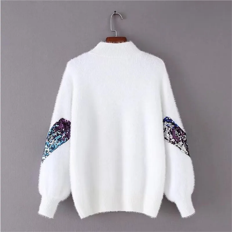 2023 New Women\'s Sweater Autumn And Winter New Fashion Half-high Collar Mohair Embroidery Sequins Lantern Sleeve Sweater