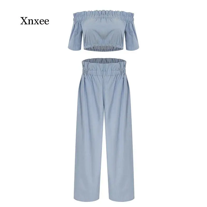 2021 Summer Solid Color Denim Women\'s Strapless Cropped Top Loose Wide-Leg Pants Suit Jeans Casual Sportswear Suit