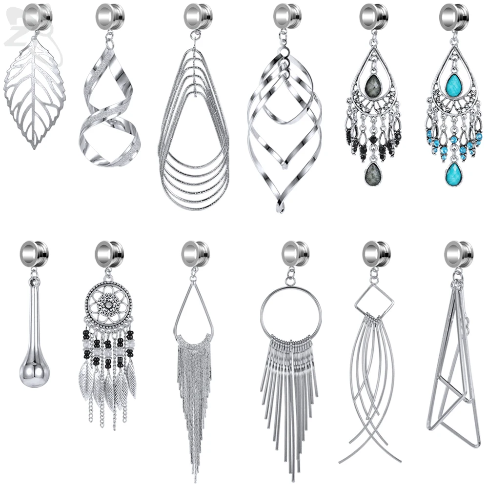 ZS 5-10mm Dream Catcher Bohemian Ear Tunnel Stainless Steel Ear Plug and Tunnel Tassels Drop Ear Expander Ear Piercing for Women